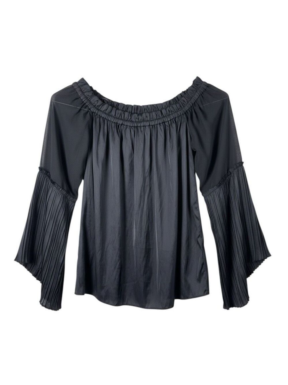 Ramy Brook New York Bell Sleeve Blouse Size XXS Gray Flowy Pleated Satin